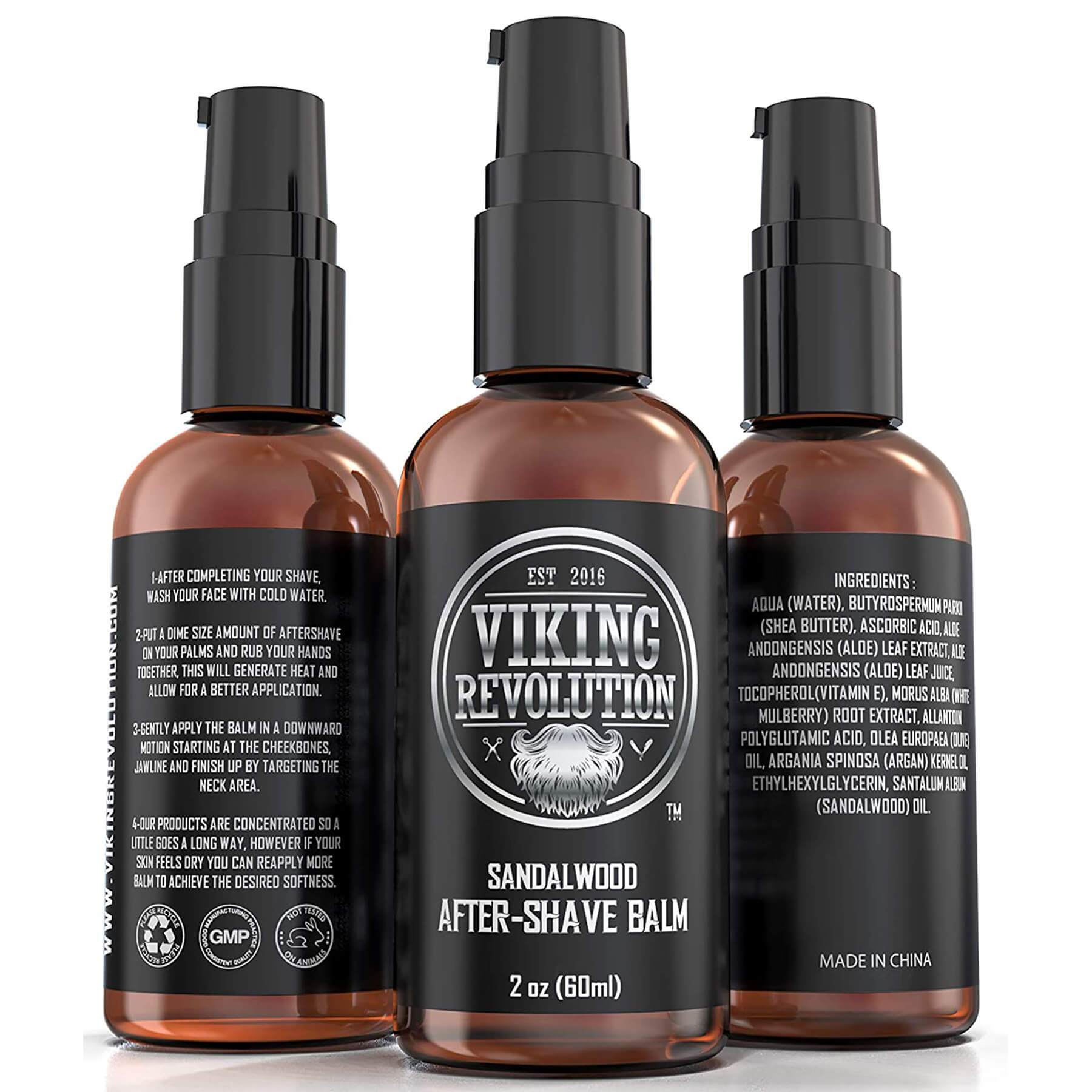 Three brown bottles of Sandalwood After-Shave Balm for Men soothe razor burn on a white background.