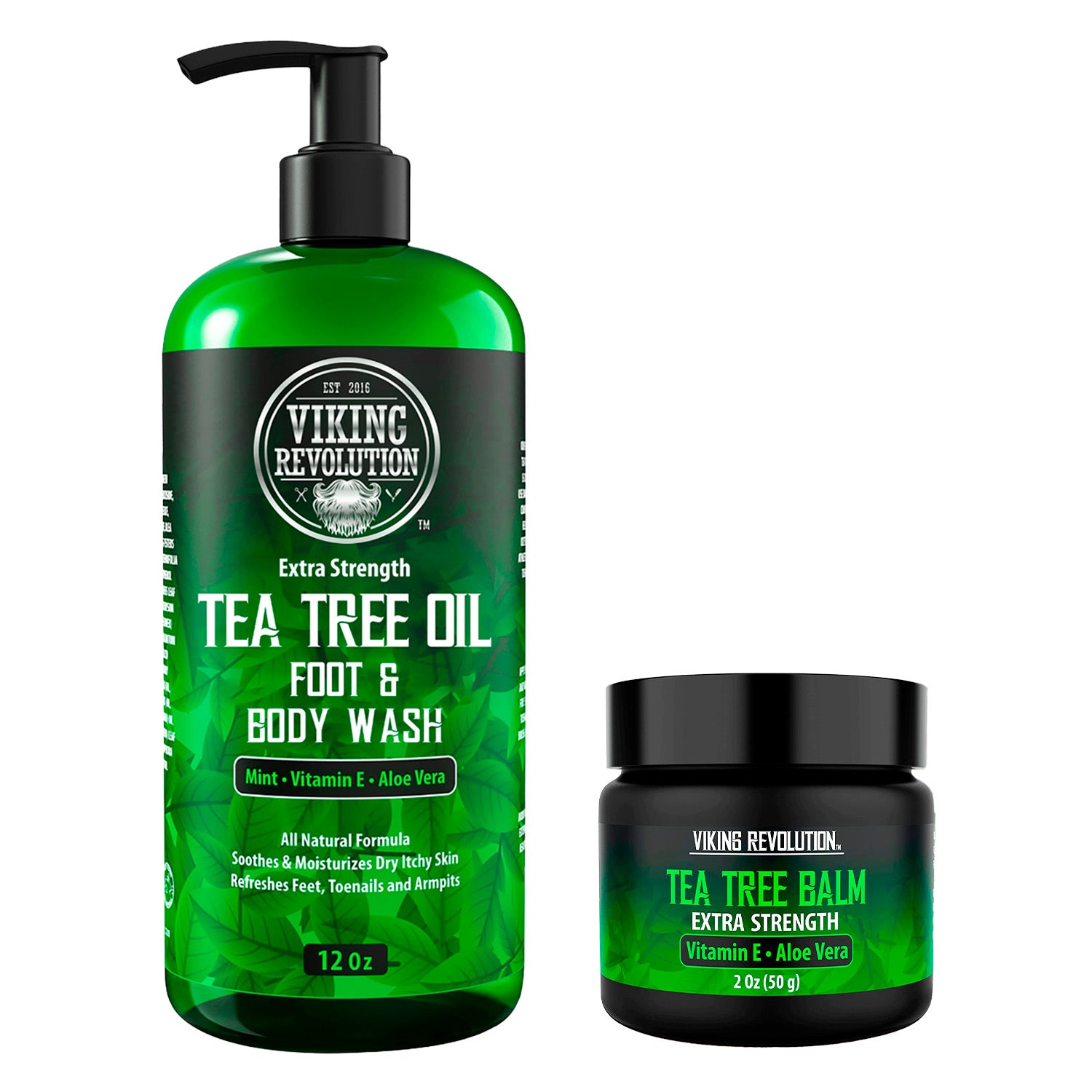 Viking Revolution Tea Tree Kit: Body Wash & Balm for soothing athletes foot and minty freshness.