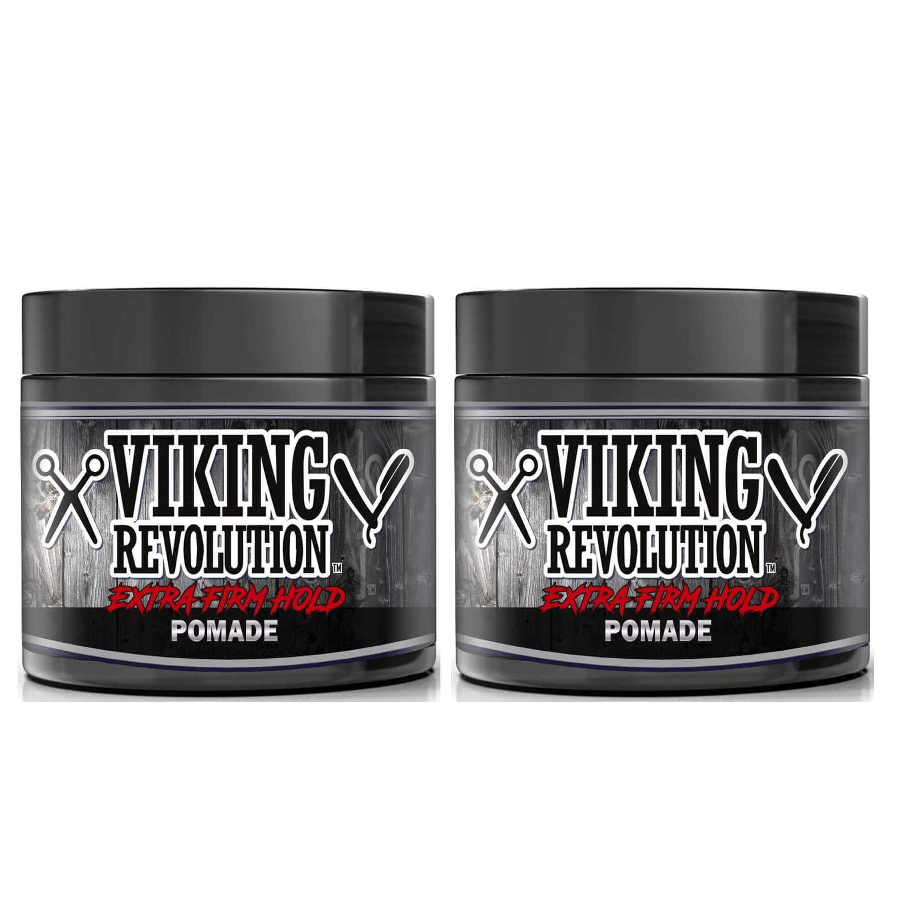 Two jars of Extreme Hold Hair Pomade for a shiny look, each with black lids and logo.
