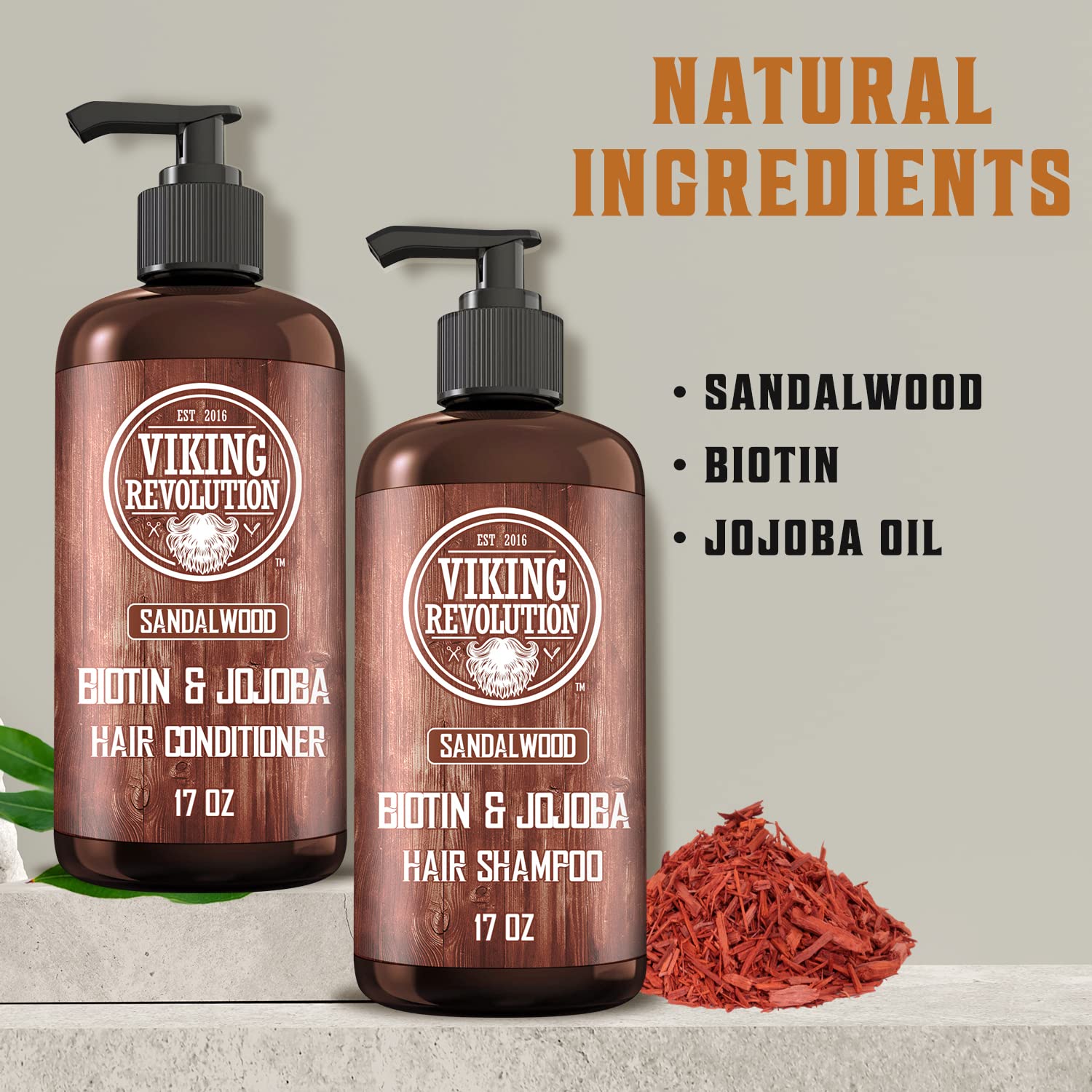 Explore the Sandalwood Shampoo and Conditioner Set (17 Oz) by Viking Revolution, featuring a blend of biotin and jojoba oil. Designed to address men's thinning hair, its natural ingredients provide a refreshing and revitalizing experience.
