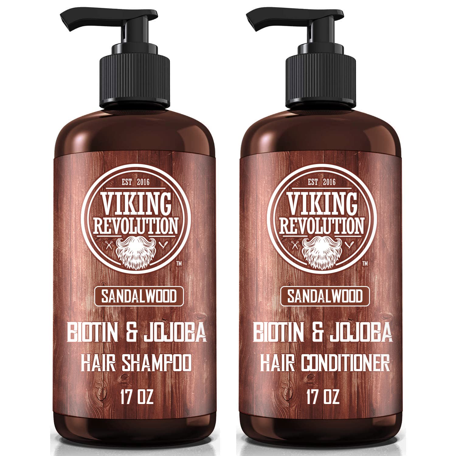 Explore the ideal pairing with the Sandalwood Shampoo and Conditioner Set (17 oz) by Viking Revolution. These bottles are enriched with biotin, making them an excellent men's shampoo choice for thinning hair. Enjoy a nourishing blend of sandalwood, biotin, and jojoba every time you wash.