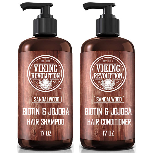 Sandalwood Shampoo and Conditioner Set (17 Oz) for Men, infused with biotin to effectively target thinning hair. Ideal for those looking for a robust yet gentle cleanse, enriched with the warm essence of sandalwood.