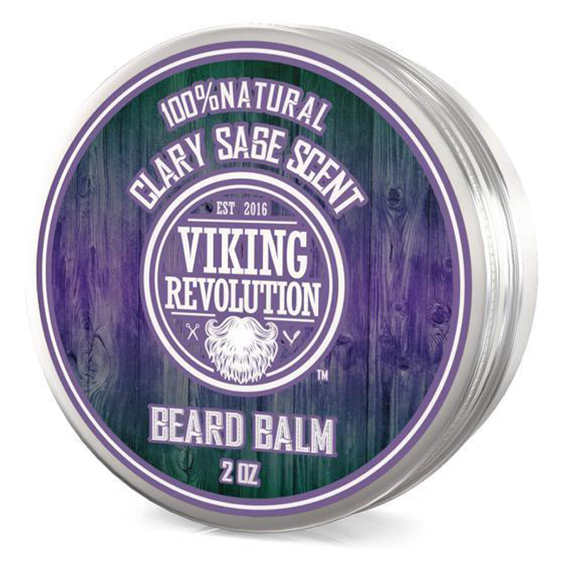 Round tin of Clary Sage Beard Balm with a purple and green label, featuring natural ingredients.