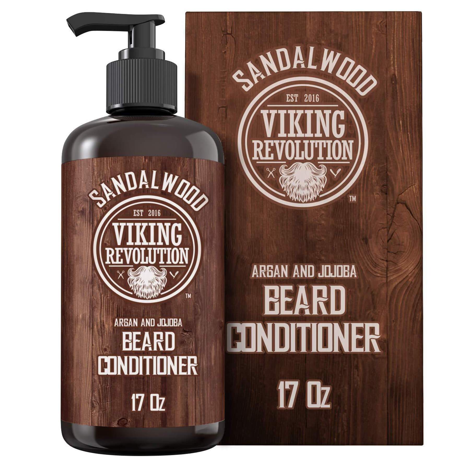 Bottle and box of Beard Conditioner 17oz by Viking Revolution, formulated with a natural blend of beard oils to promote healthy beard growth.