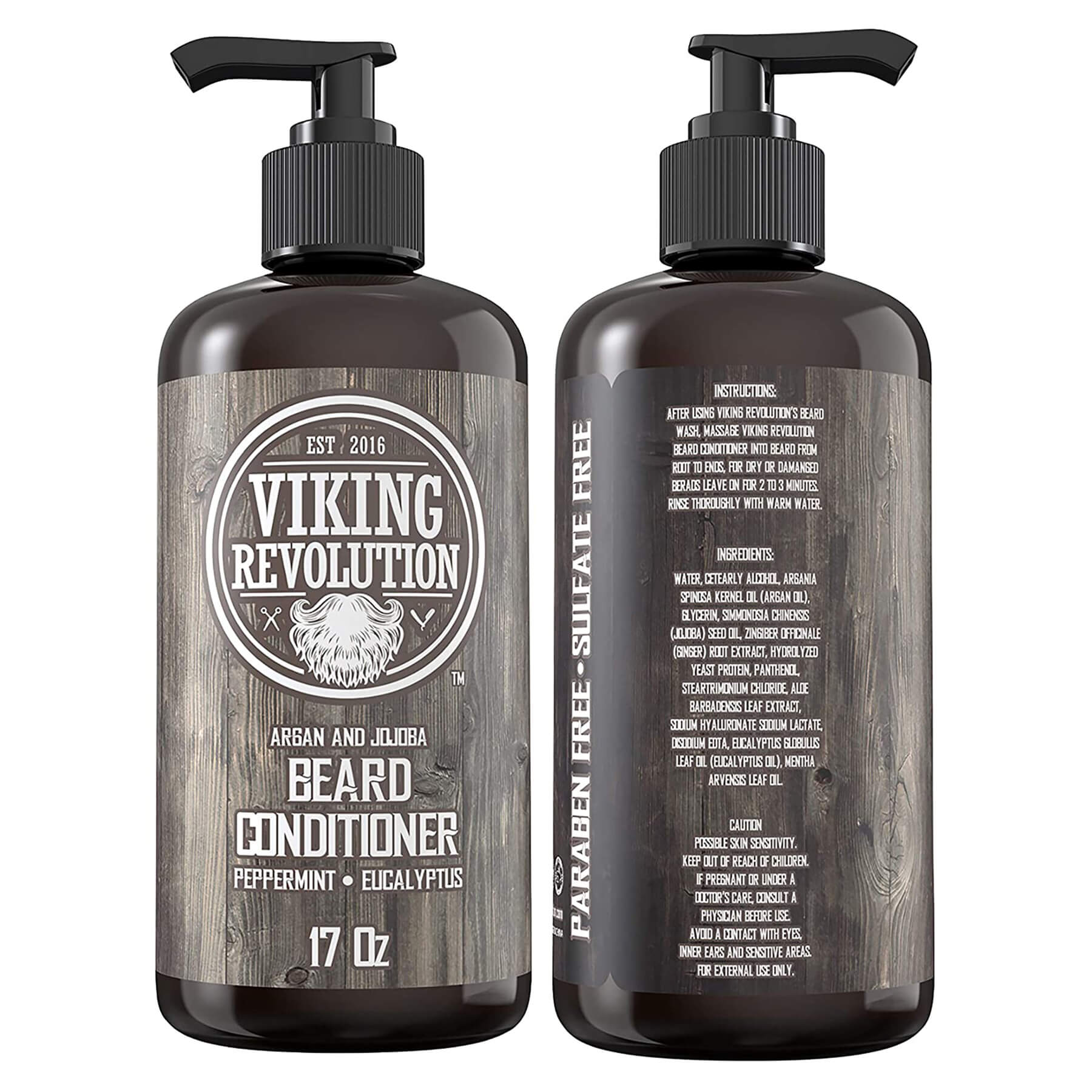 Two Viking Revolution 17oz bottles of Peppermint & Eucalyptus beard conditioner with wood-grain design.