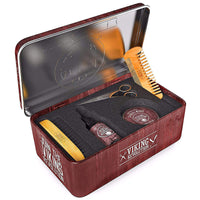 Beard Care Kit in Metal Box with a comb, scissors, brush, and grooming products.