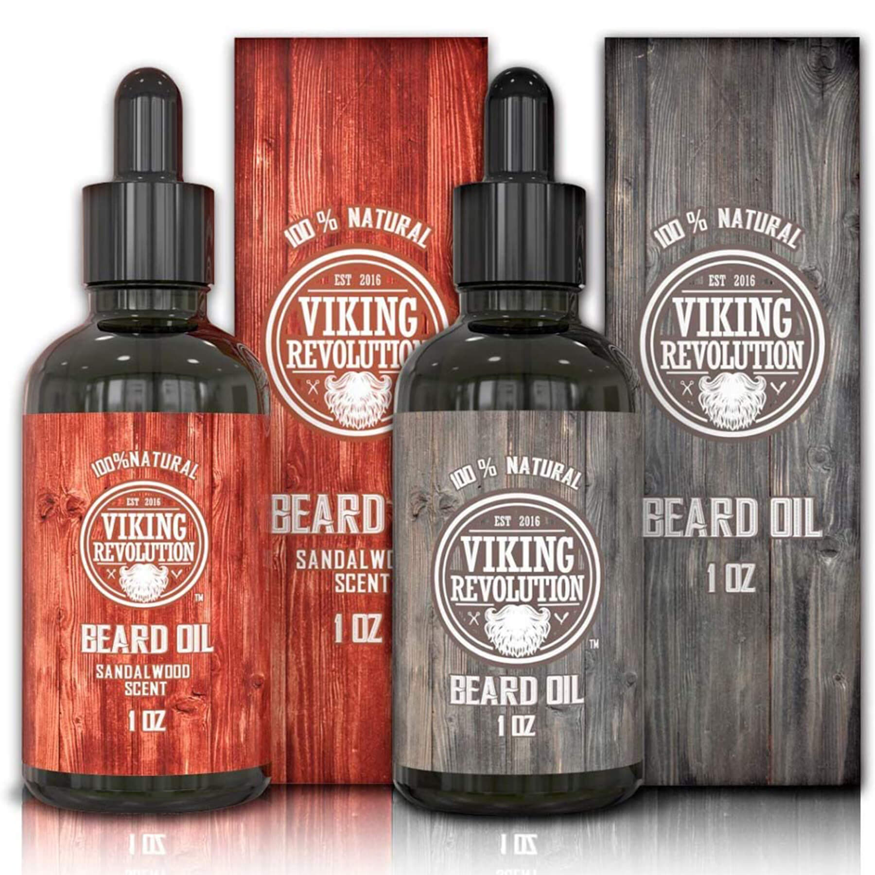 Two bottles of Sandalwood & Unscented beard oil, an all-natural treatment with rustic red and gray packaging.