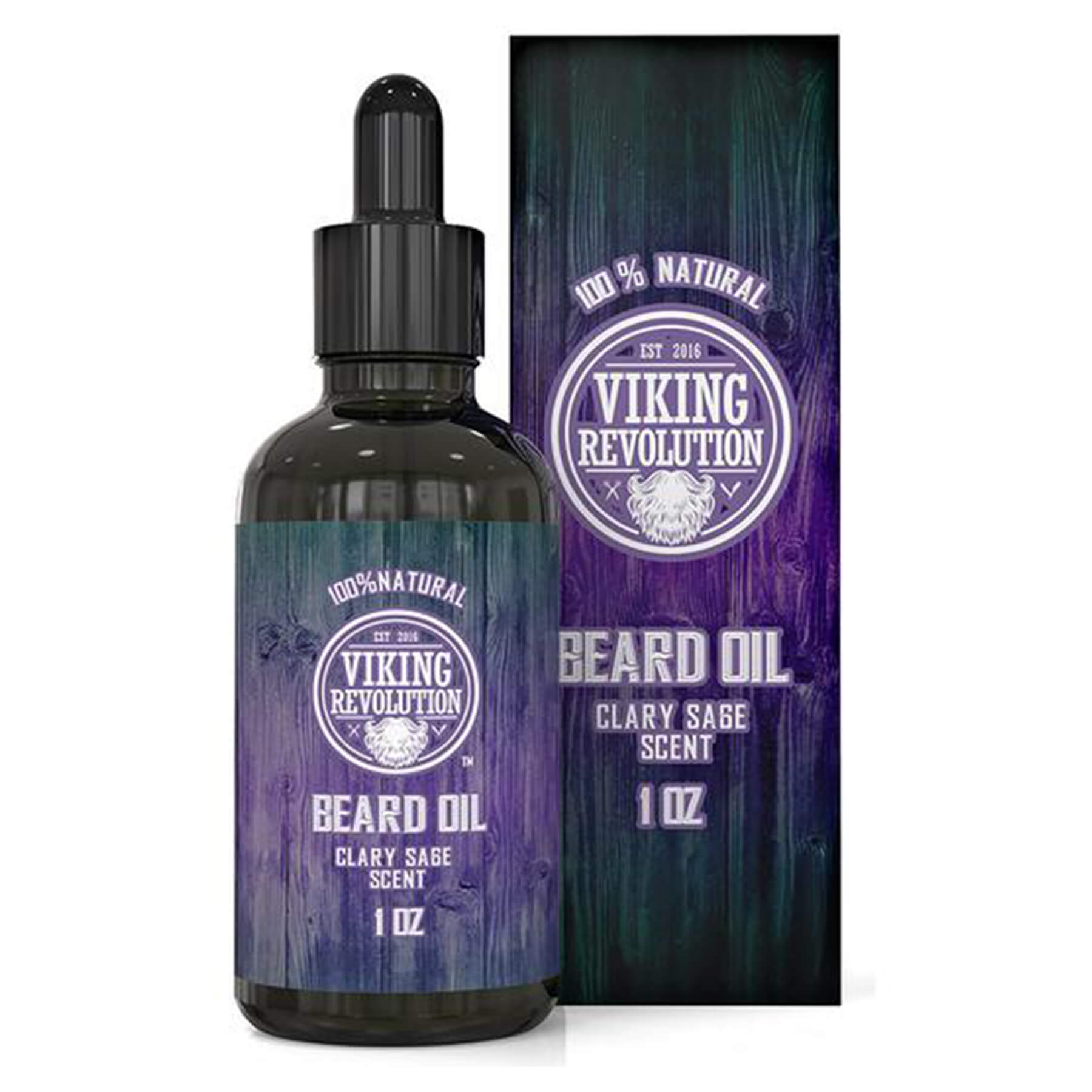 The Clary Sage Beard Oil by Viking Revolution, infused with organic oils, is packaged in a 1 oz bottle featuring a purple and green design. This clary sage-scented blend nourishes and revitalizes your beard, providing both style and natural care.