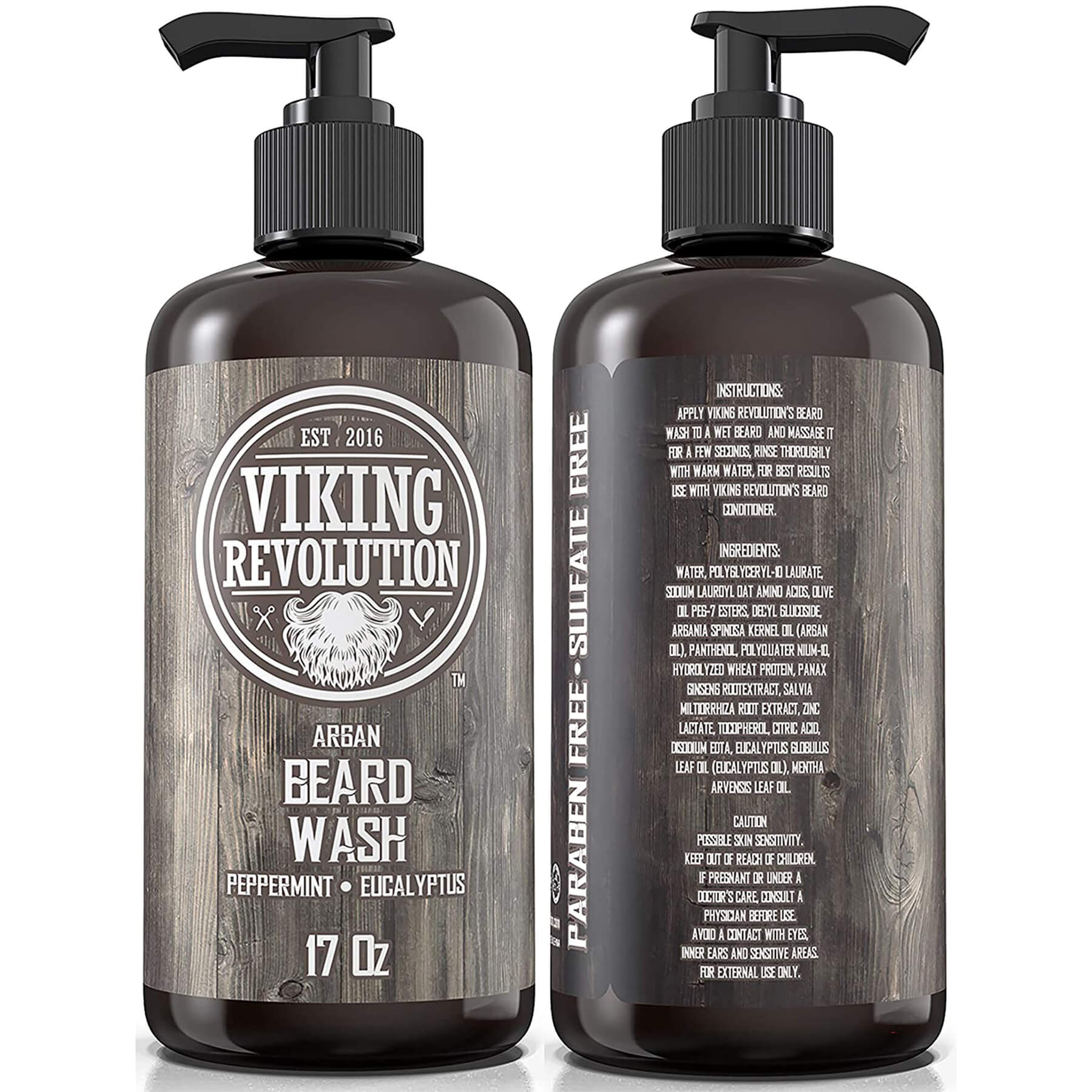 Two bottles of Peppermint & Eucalyptus Beard Wash 17oz with pump dispensers, perfect for maintaining healthy facial hair.