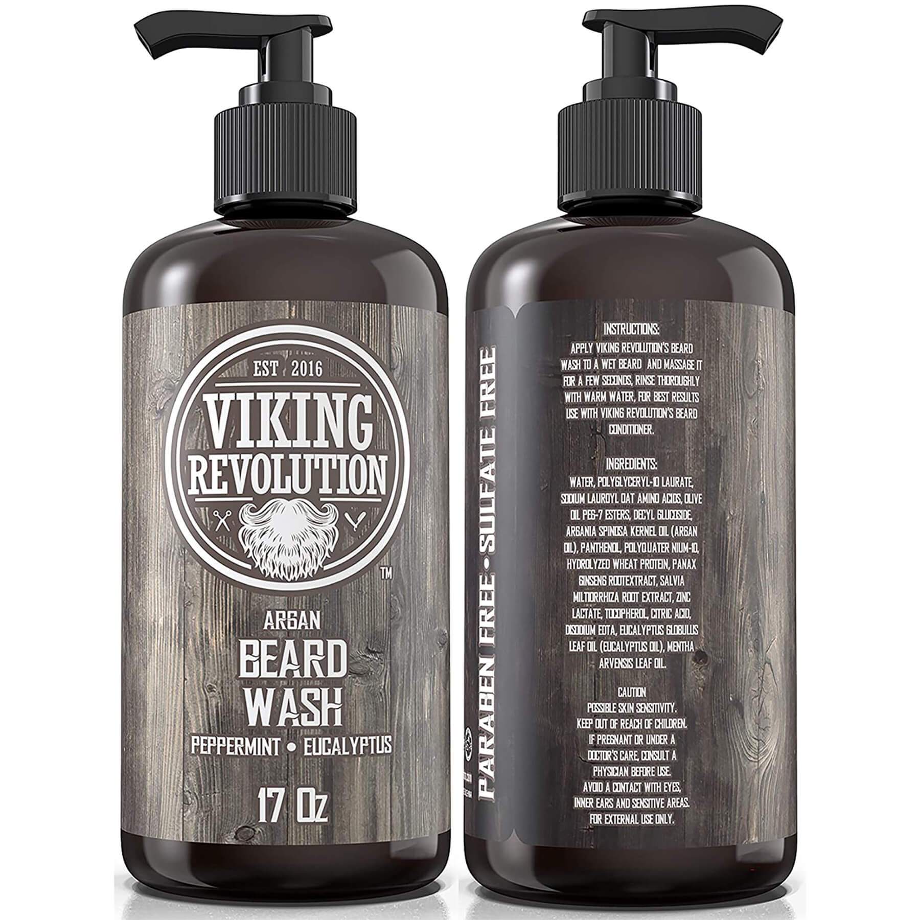 Two bottles of Beard Wash 17oz by Viking Revolution; argan, peppermint, eucalyptus scent with natural ingredients.