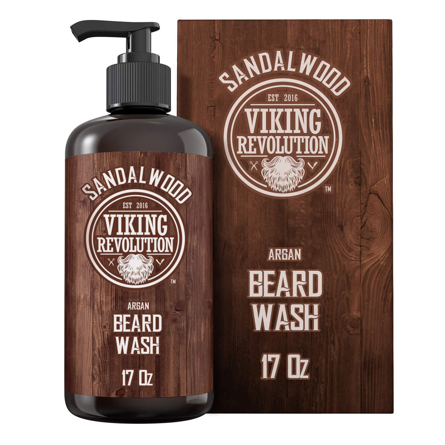 Discover the refreshing sandalwood aroma of the Sandalwood Beard Wash 17oz by Viking Revolution. This essential beard cleanser includes matching box packaging and comes with a satisfaction guarantee, ensuring your grooming routine is unrivaled.