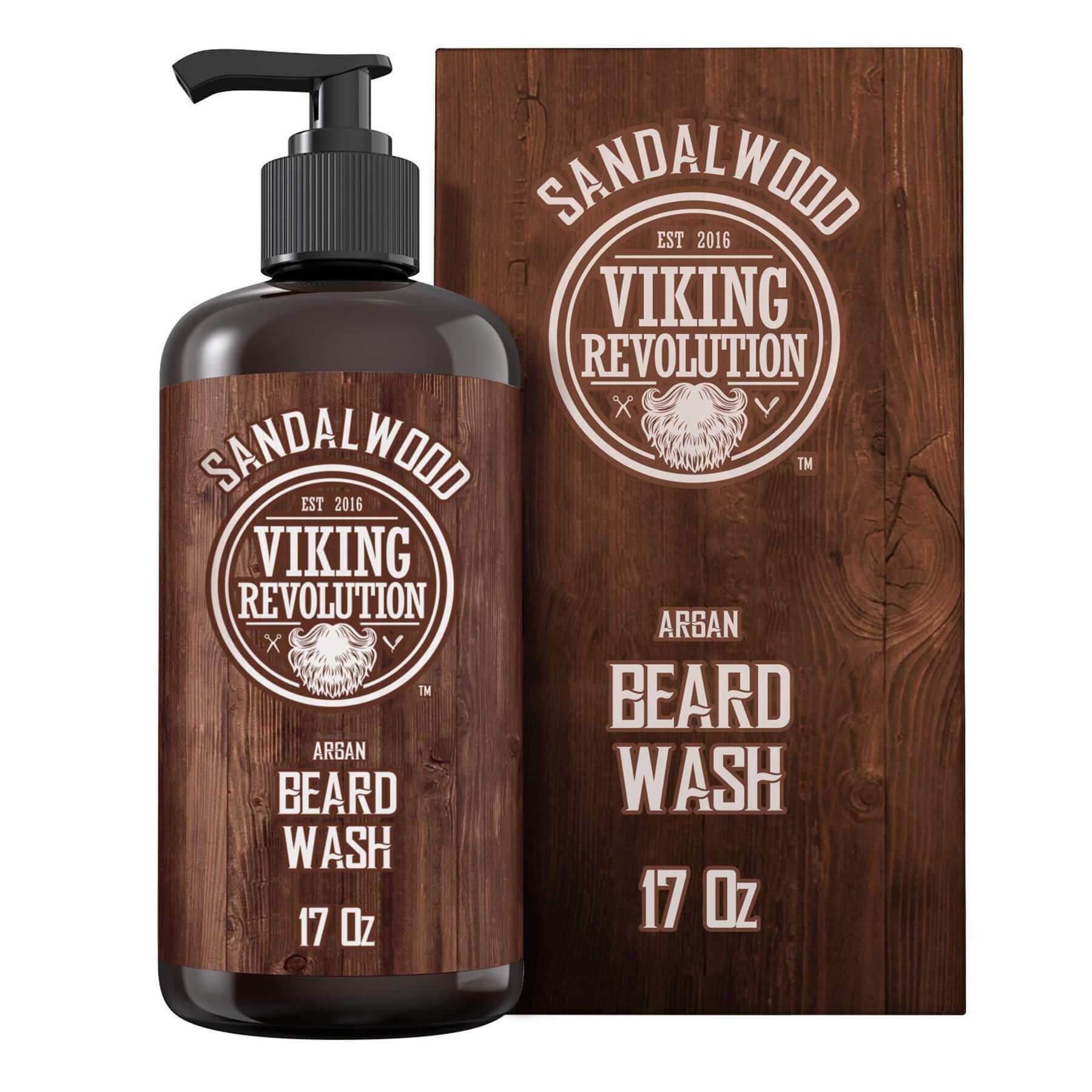 17oz Beard Wash with sandalwood & natural ingredients, Viking Revolution logo, satisfaction guarantee.