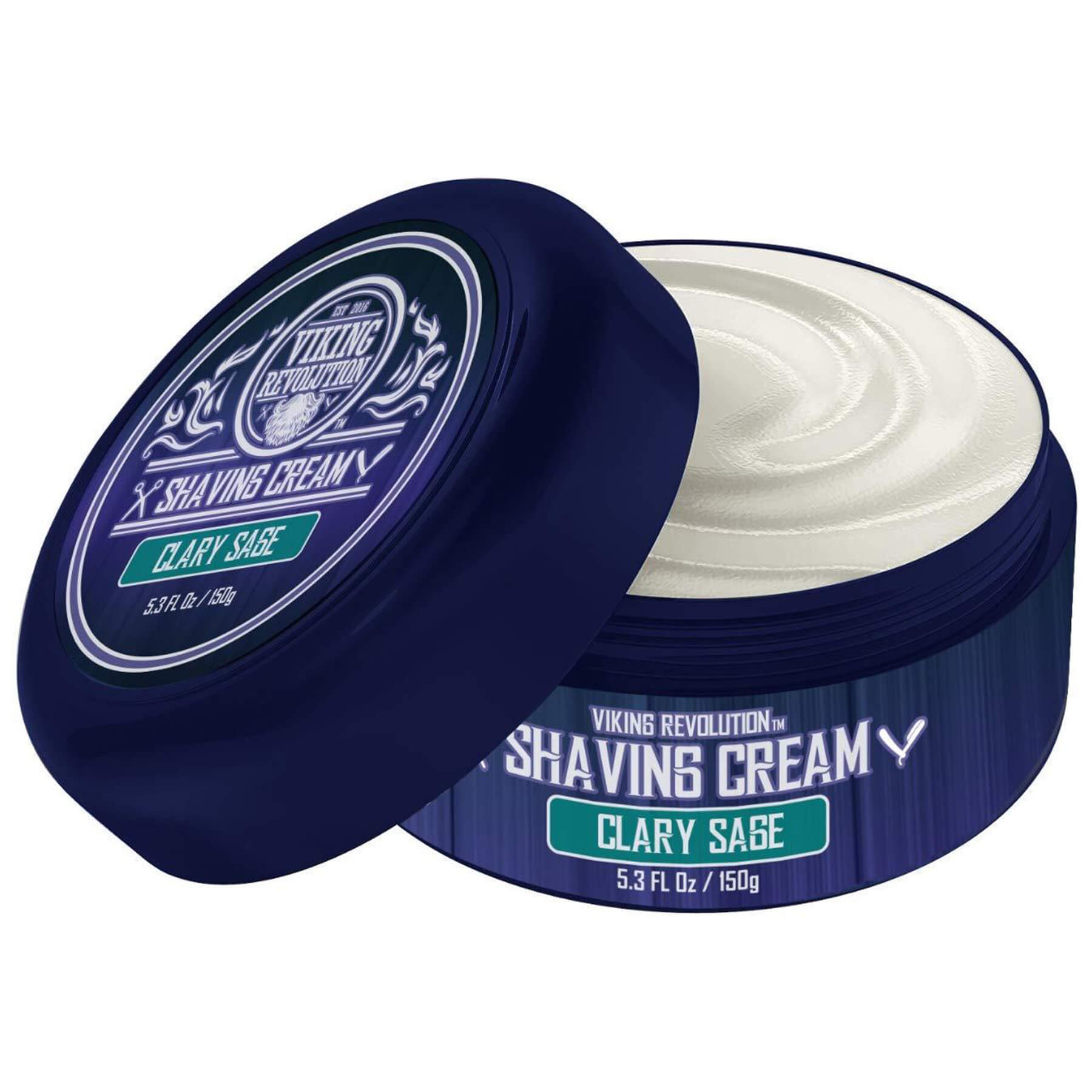 An open container of Clary Sage Shaving Cream by Viking Revolution, displaying its rich lather inside.