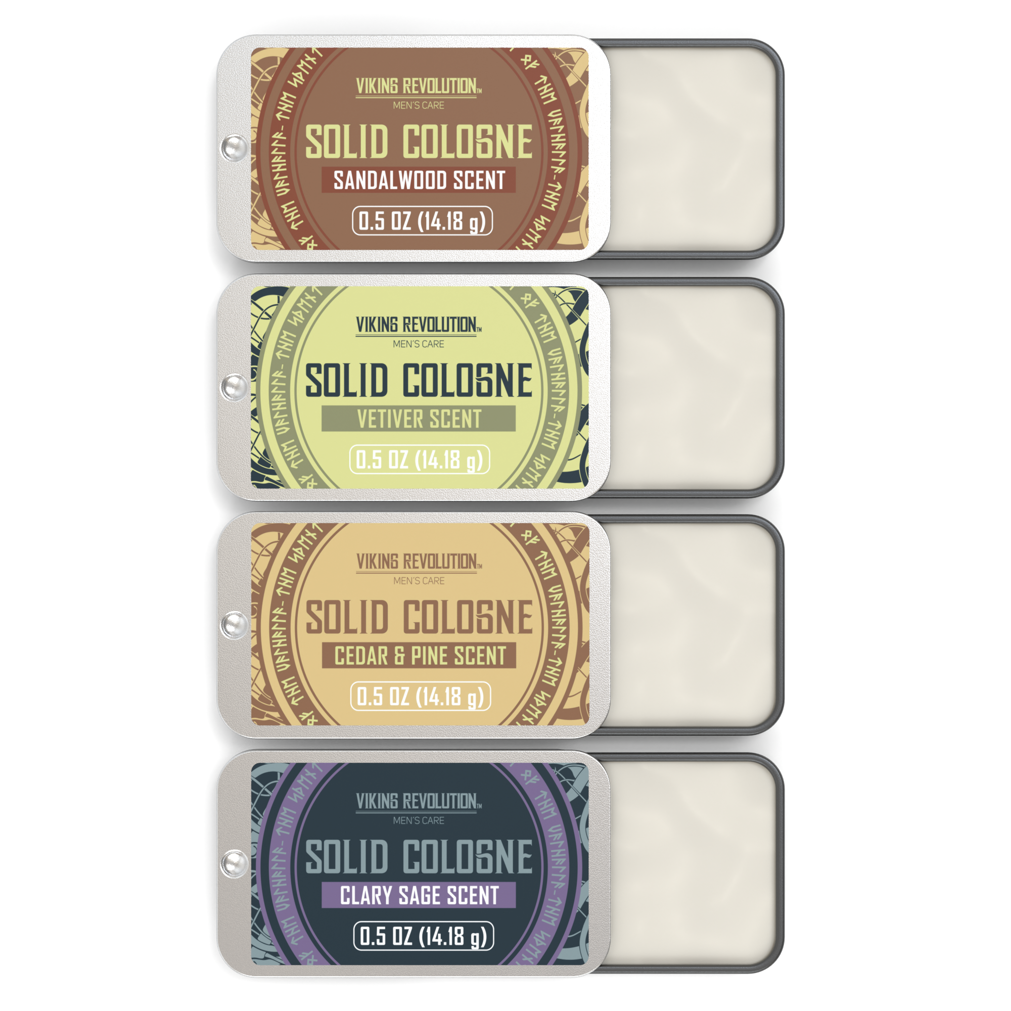 The Solid Cologne - 4 Pack comes with four tins, each featuring a unique scent. The partially opened sliding lids reveal rich, earthy notes of sandalwood and cedar wood.