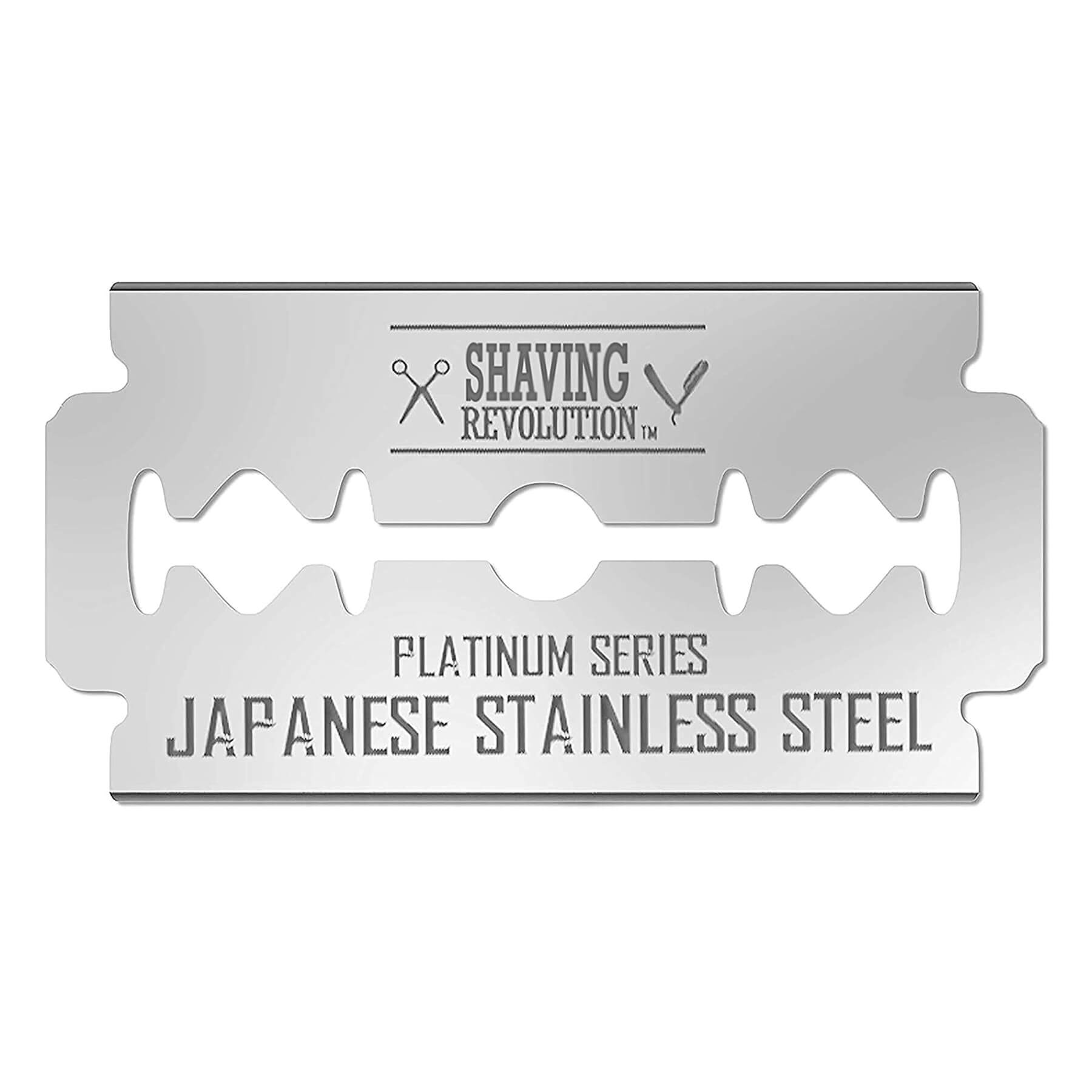 Viking Revolution's Double Edge Razor Blades, engraved with "Shaving Revolution" and "Japanese Stainless Steel," are perfect for precise edging.