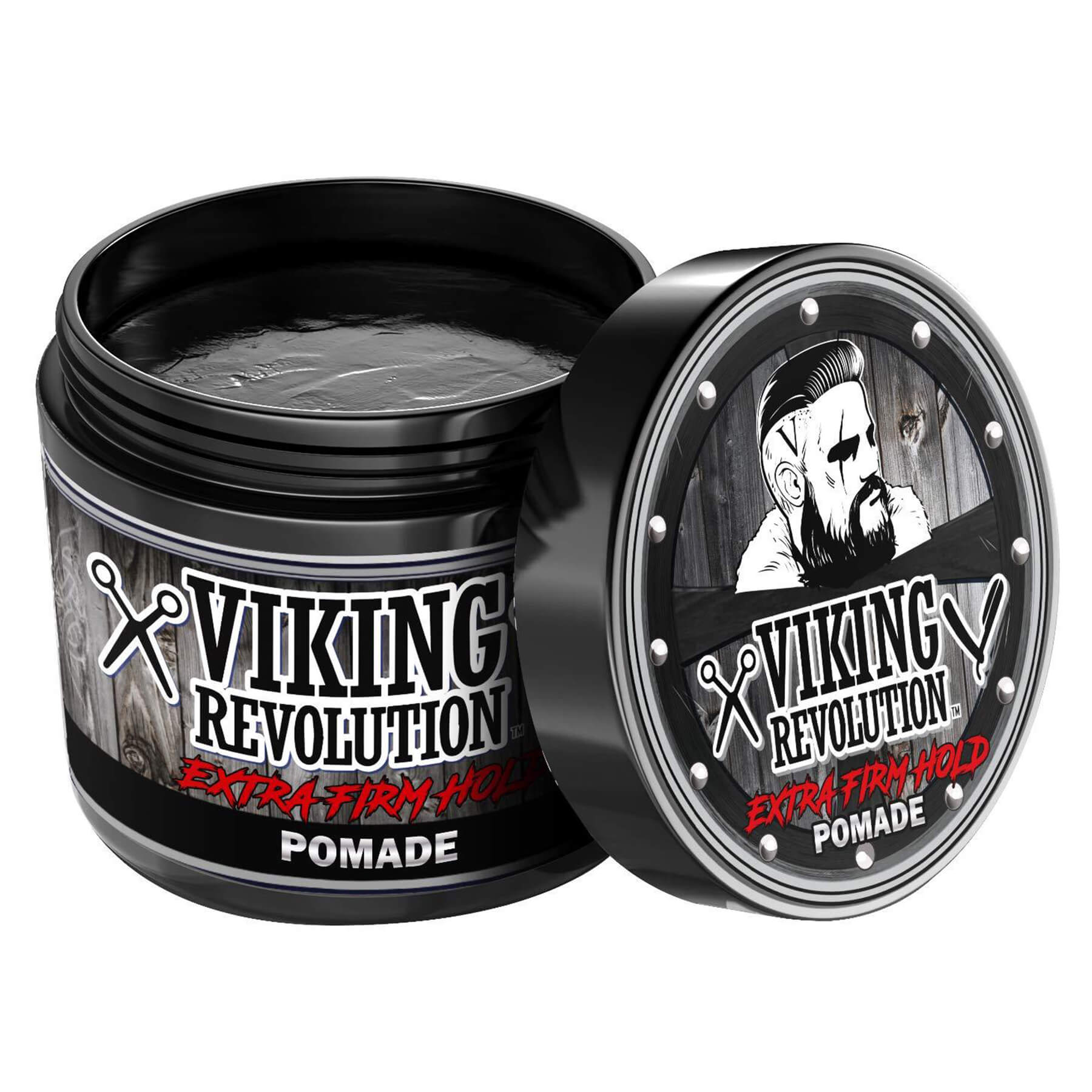 Black Viking Revolution Extra Firm Hold Hair Pomade jar, ideal for hair grooming with natural ingredients.