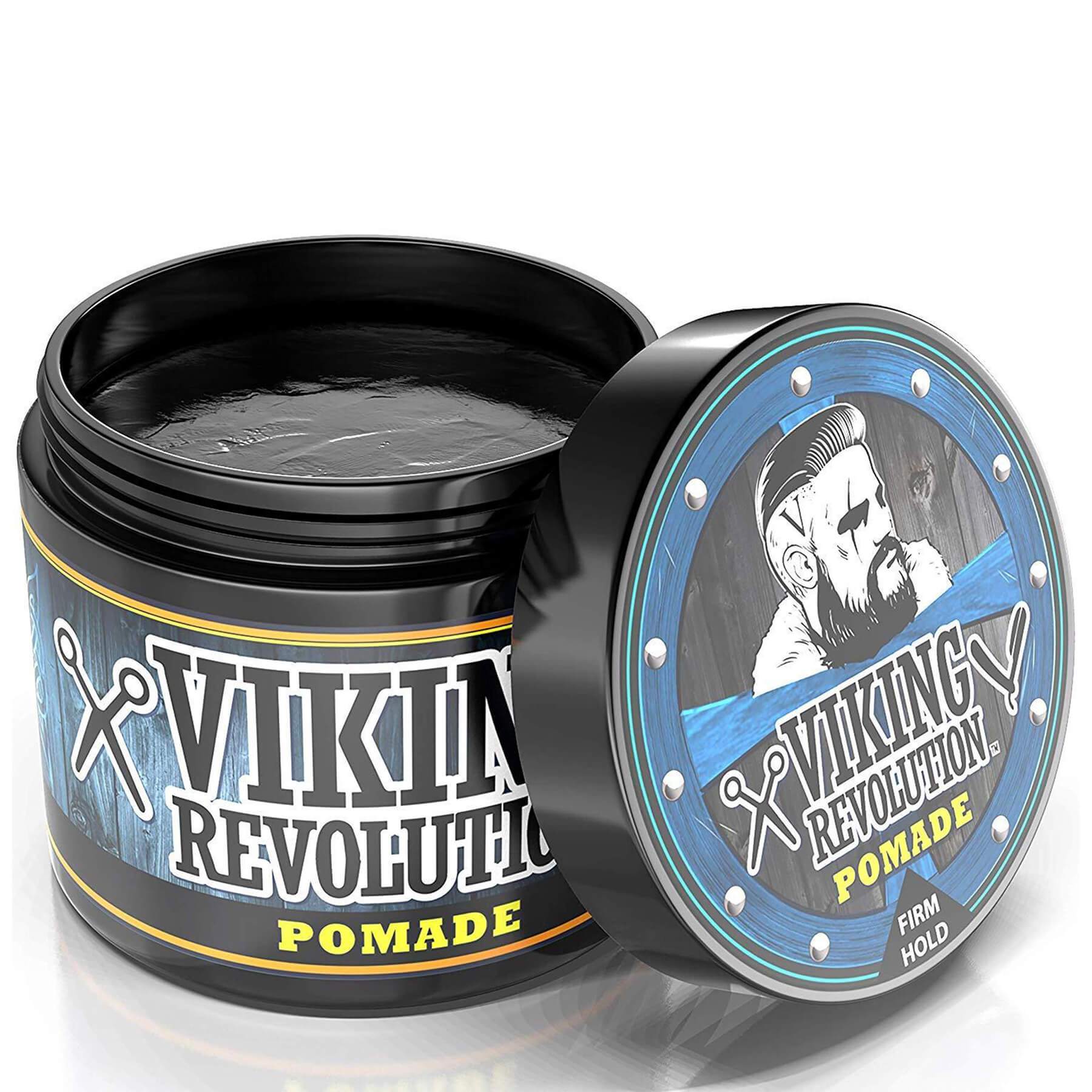 The open container of Hair Pomade - 4oz, featuring a Viking Revolution label with a bearded man illustration on the lid, promises superior hair grooming. Infused with natural ingredients, it offers a satisfaction guarantee to ensure impeccable style and care.