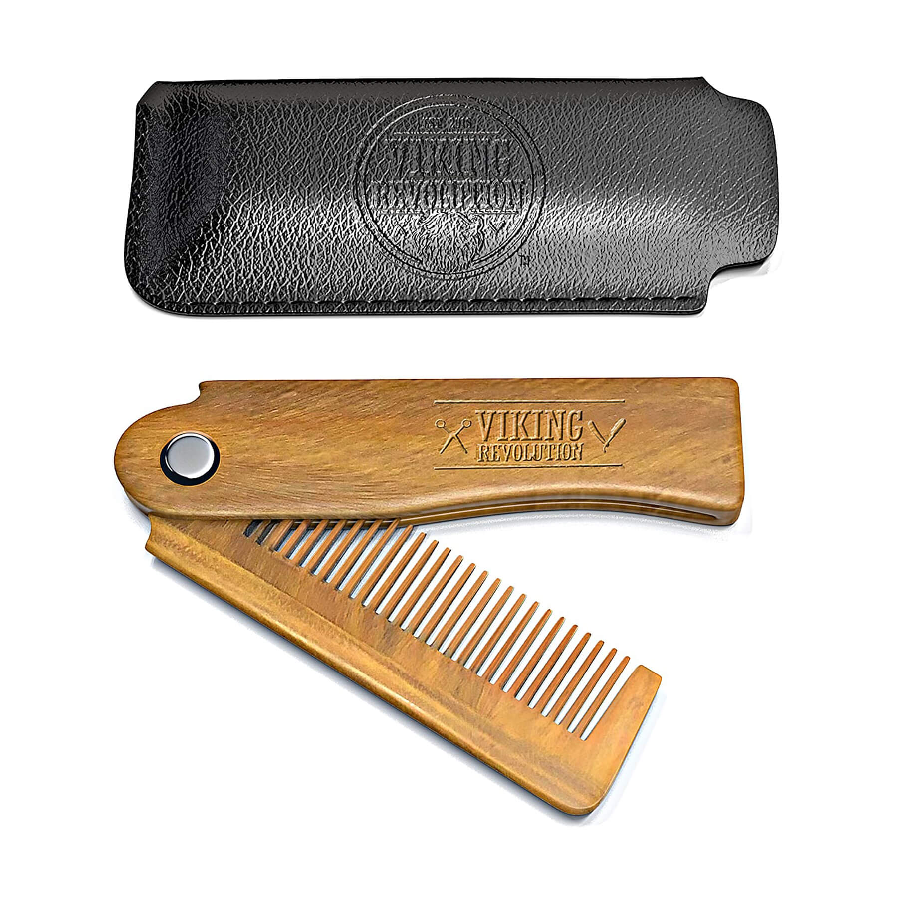 The Folding Beard Comb with a carrying pouch features the Viking Revolution logo and is ideal for beard grooming; it comes in sandalwood alongside a sleek black leather case, all backed by our satisfaction guarantee.