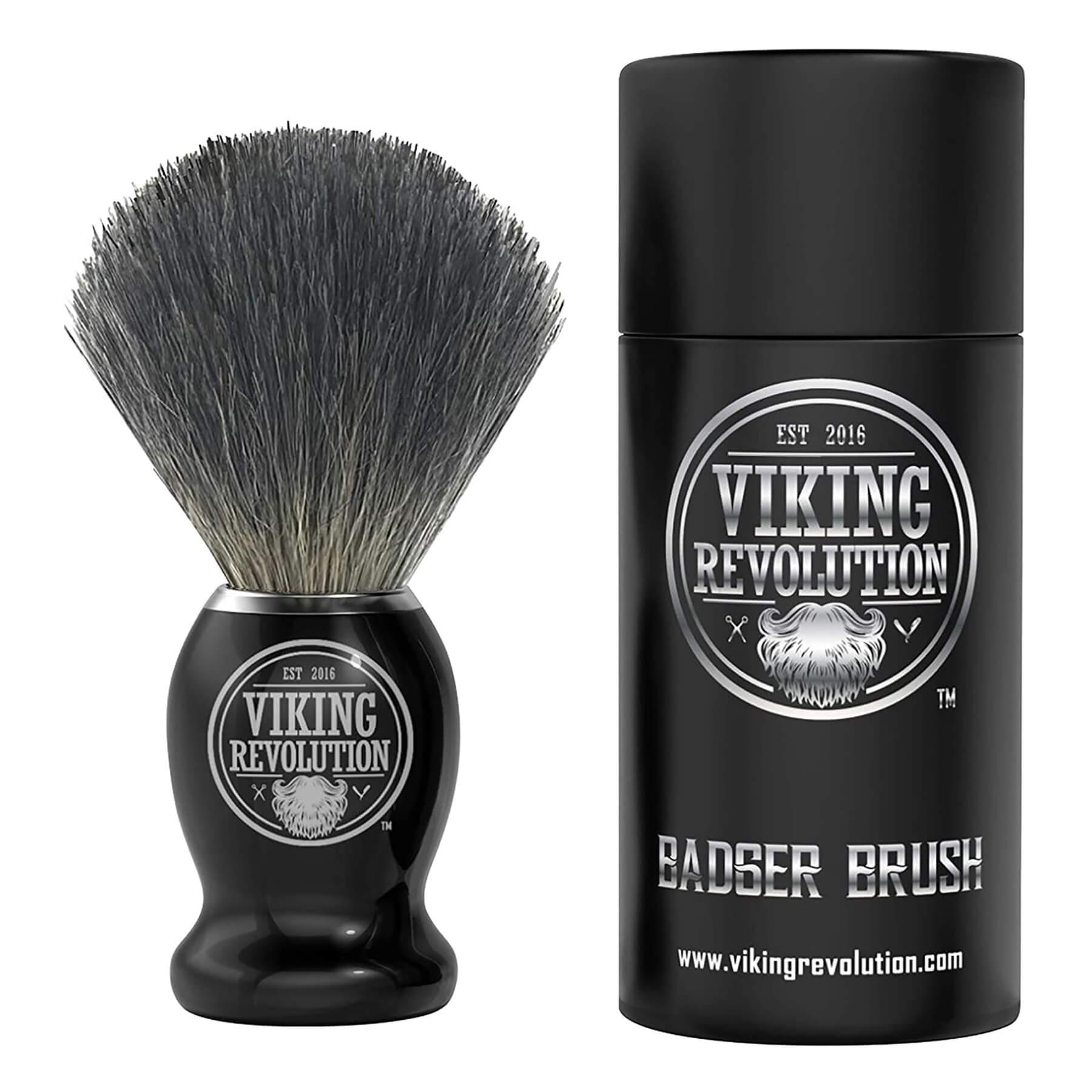 A black Badger Hair Shaving Brush by Viking Revolution, accompanied by a cylindrical container labeled Natural Badger Brush, ideal for an indulgent wet shave.