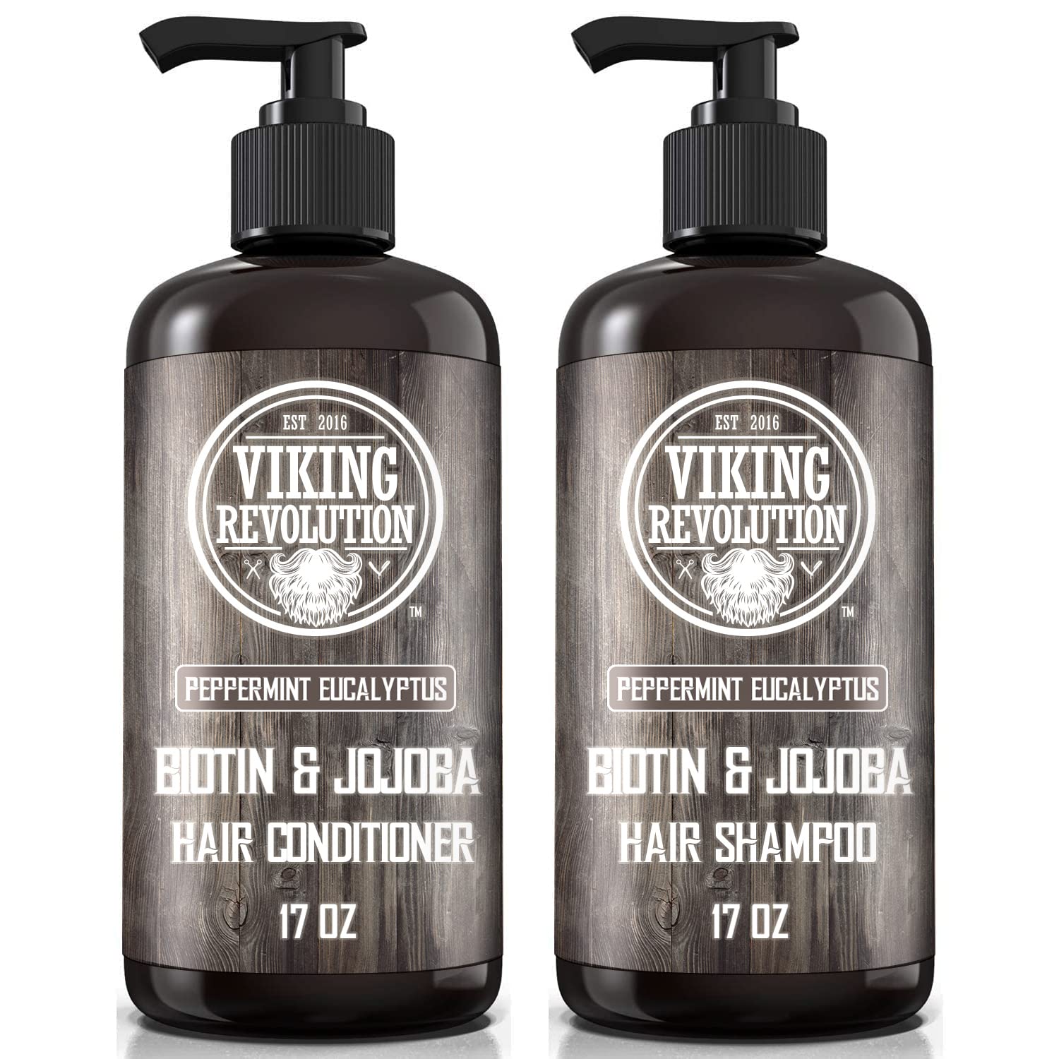Two bottles of the 17 oz Viking Revolution Shampoo & Conditioner Set in Eucalyptus & Peppermint.
