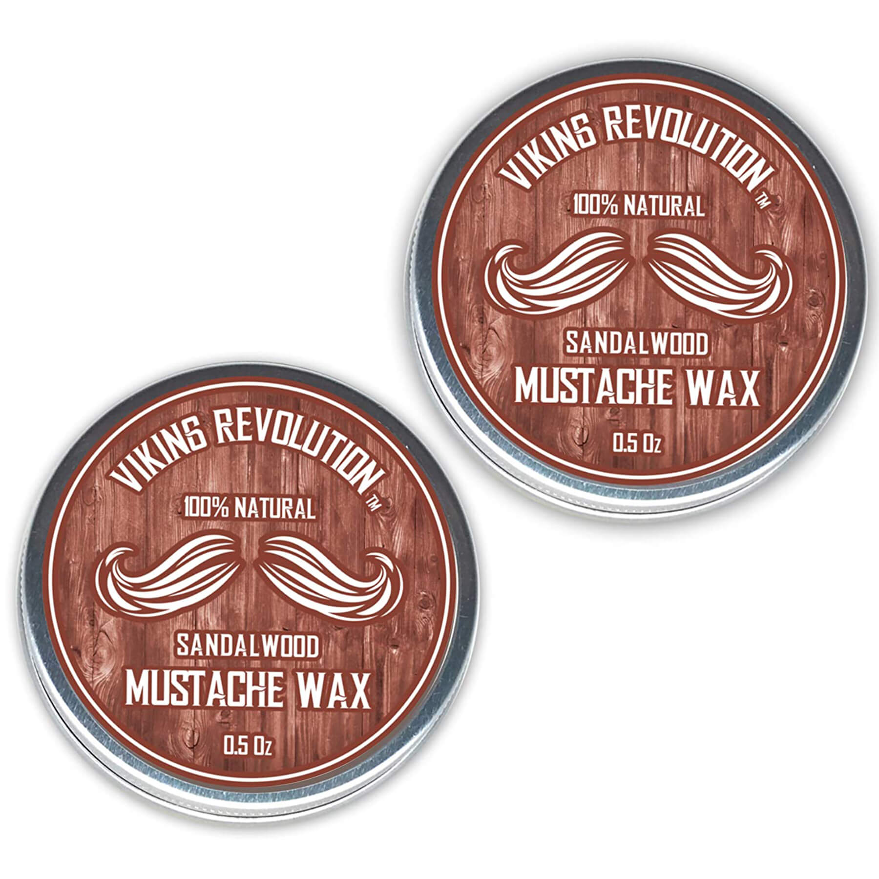 Two tins of Sandalwood Mustache Wax - 2 Pack with long-lasting hold and a mustache logo on the lids.