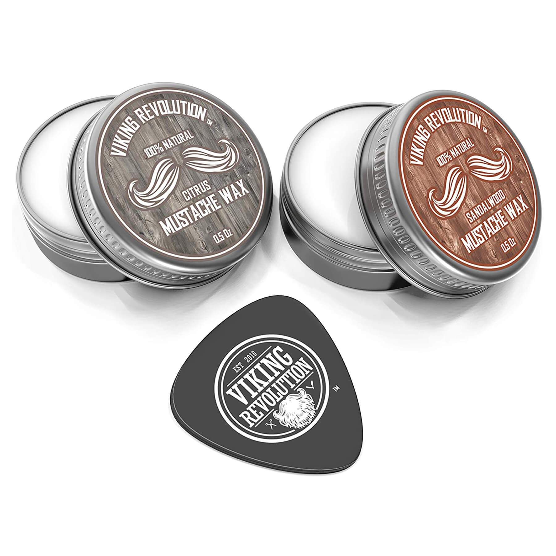 Two tins of Citrus & Sandalwood Mustache Wax for strong hold and a black guitar pick with the logo.
