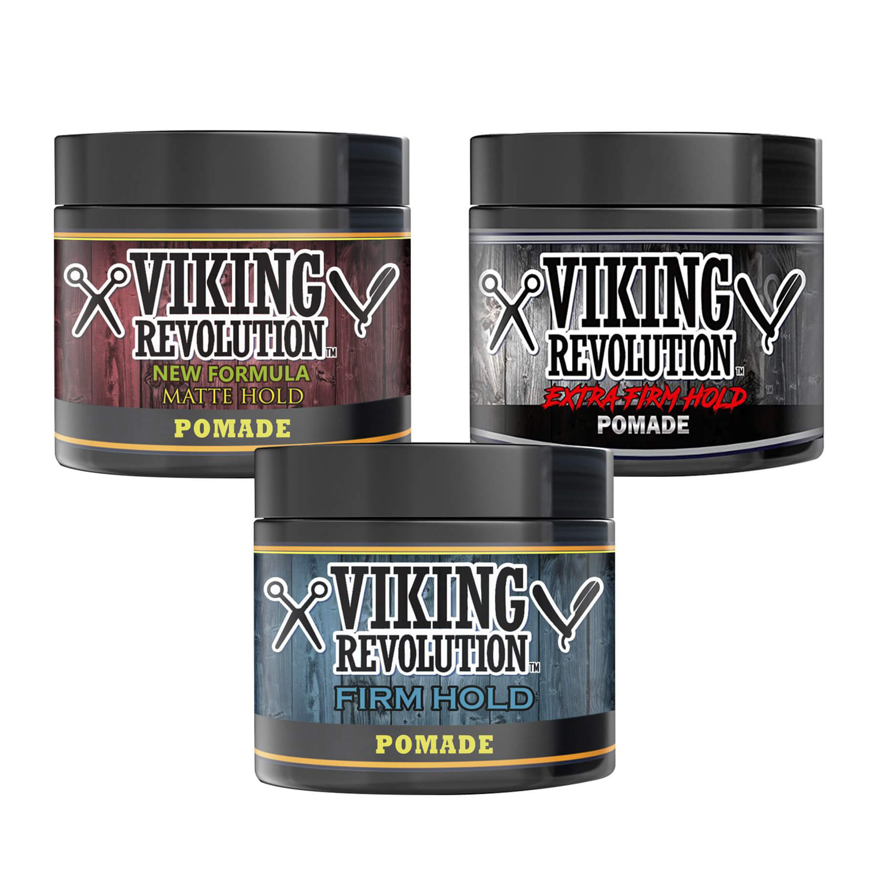 Explore the Hair Pomade Mix - 3 Pack by Viking Revolution, featuring matte hold, extra-firm hold, and firm hold varieties, ideal for styling any hairstyle.
