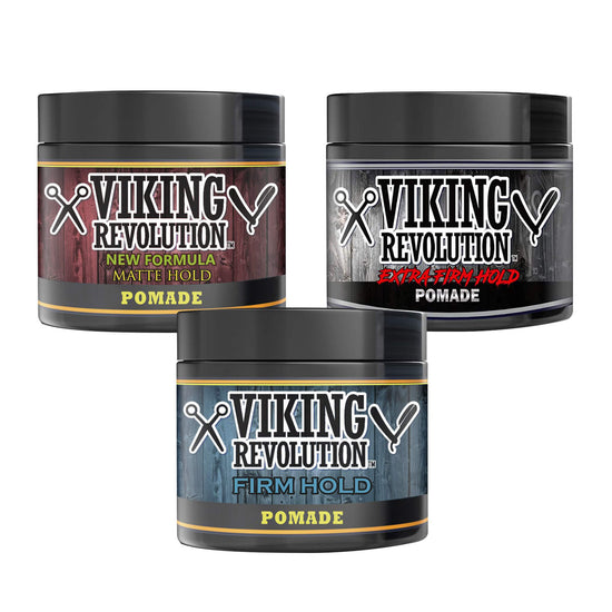 Explore the Hair Pomade Mix - 3 Pack by Viking Revolution, featuring matte hold, extra-firm hold, and firm hold varieties, ideal for styling any hairstyle.