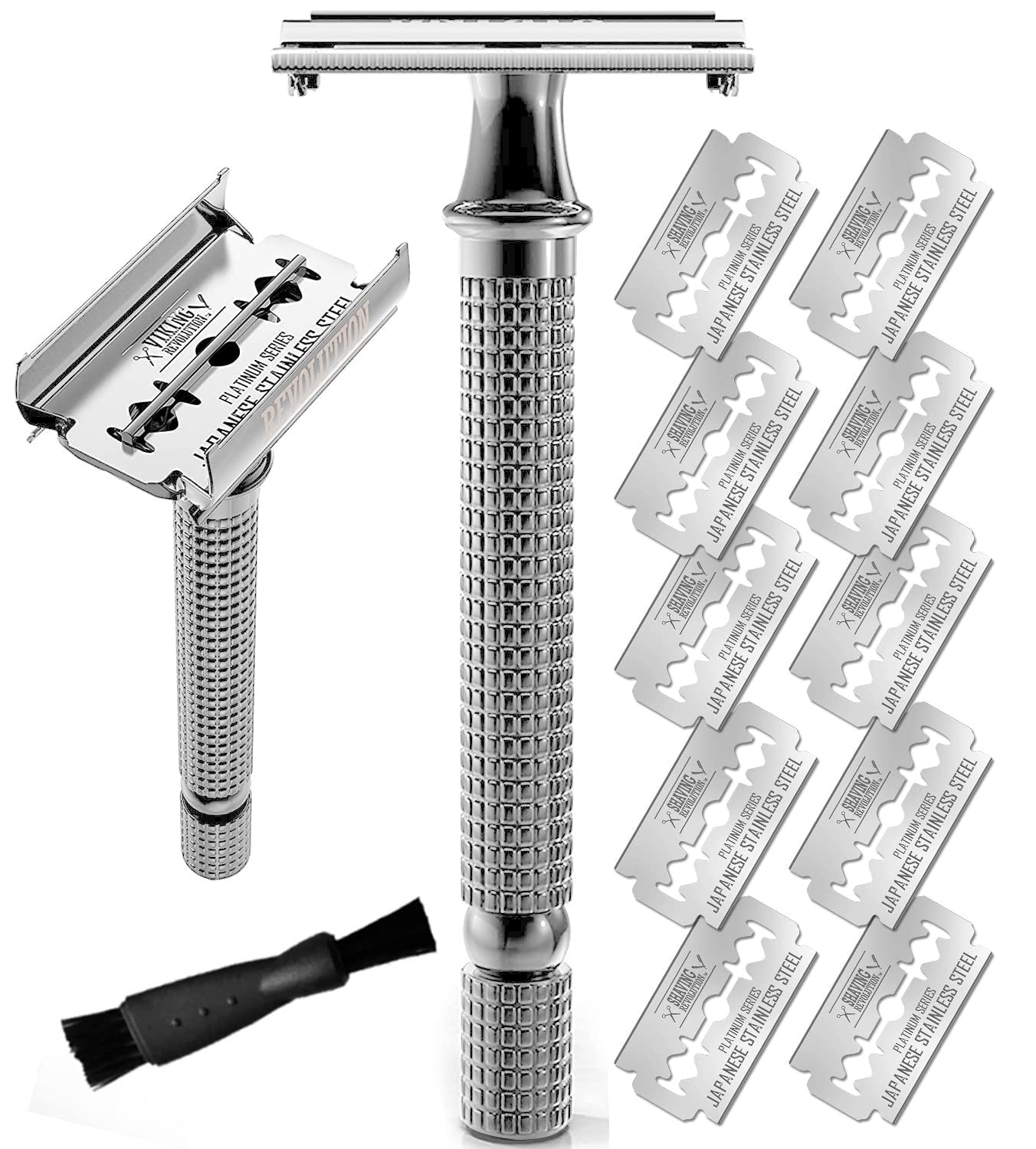 Long Handle Chrome Safety Razor set with 10 blades for a precise shave.