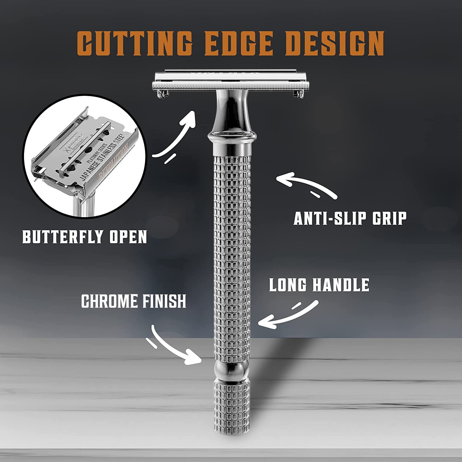 Stainless steel safety razor with butterfly open, long handle, chrome finish, and precise shave grip.