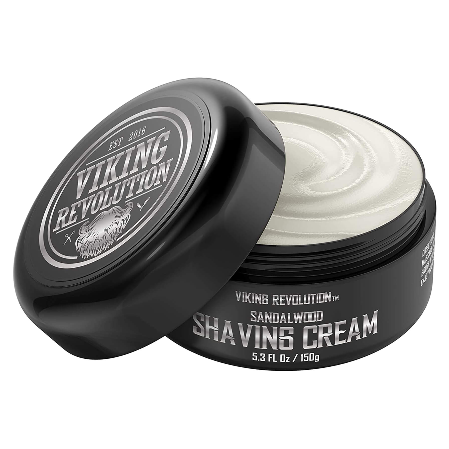 Open black container of Viking Revolution Shaving Cream sandalwood for a smooth shave.