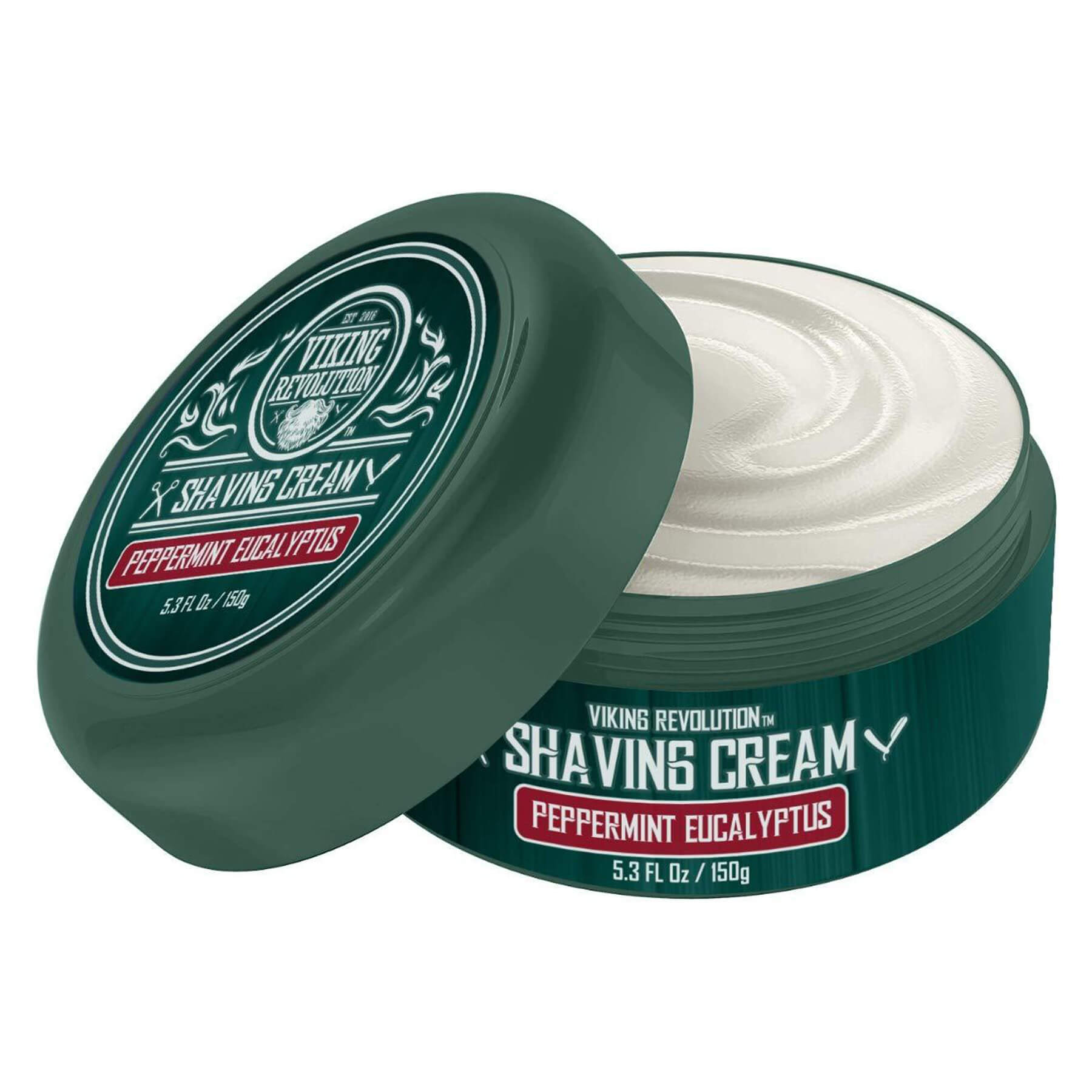 The Peppermint & Eucalyptus Shaving Cream container, featuring its refreshing peppermint eucalyptus fragrance and open lid, promises an unparalleled shaving experience.