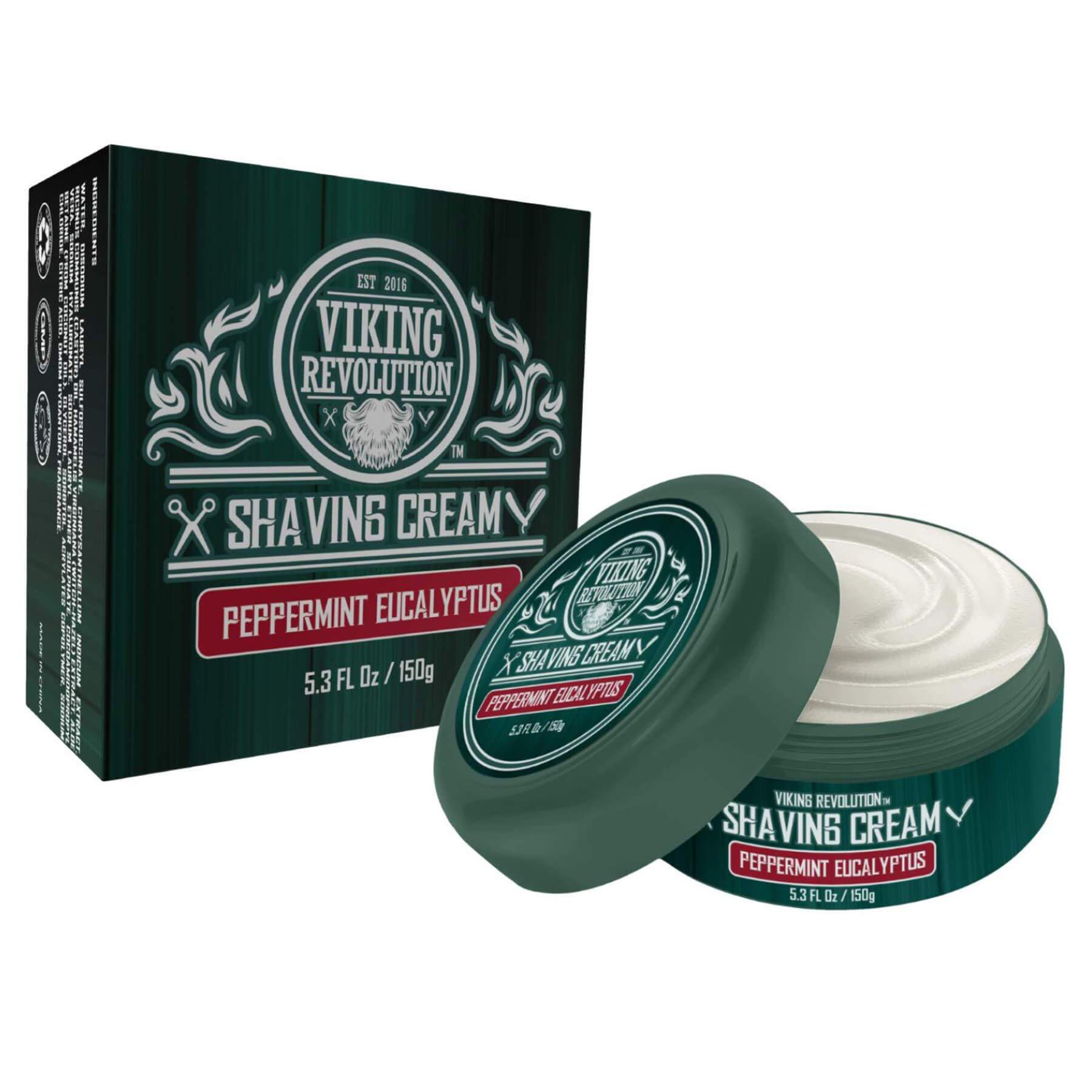 Green Viking Revolutions Shaving Cream provides a smooth shave, featuring Peppermint Eucalyptus.