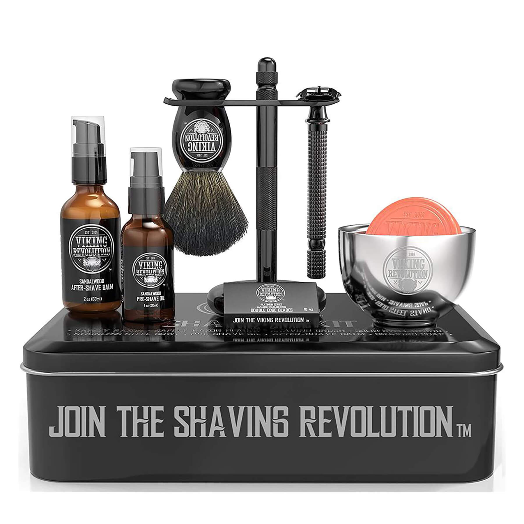 The Luxury Safety Razor Shaving Kit includes a safety razor, brush, aftershave balm, pre-shave oil, soap, and bowl.