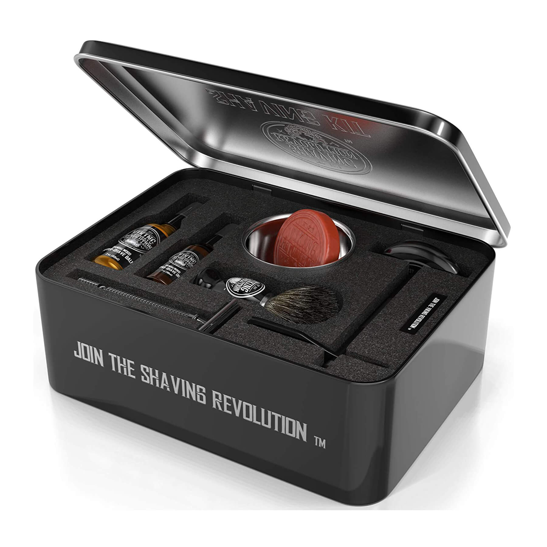 Luxury Safety Razor Shaving Kit in a sleek black box featuring soap, brush, safety razor, and bottles. Text: Join the Shaving Revolution.