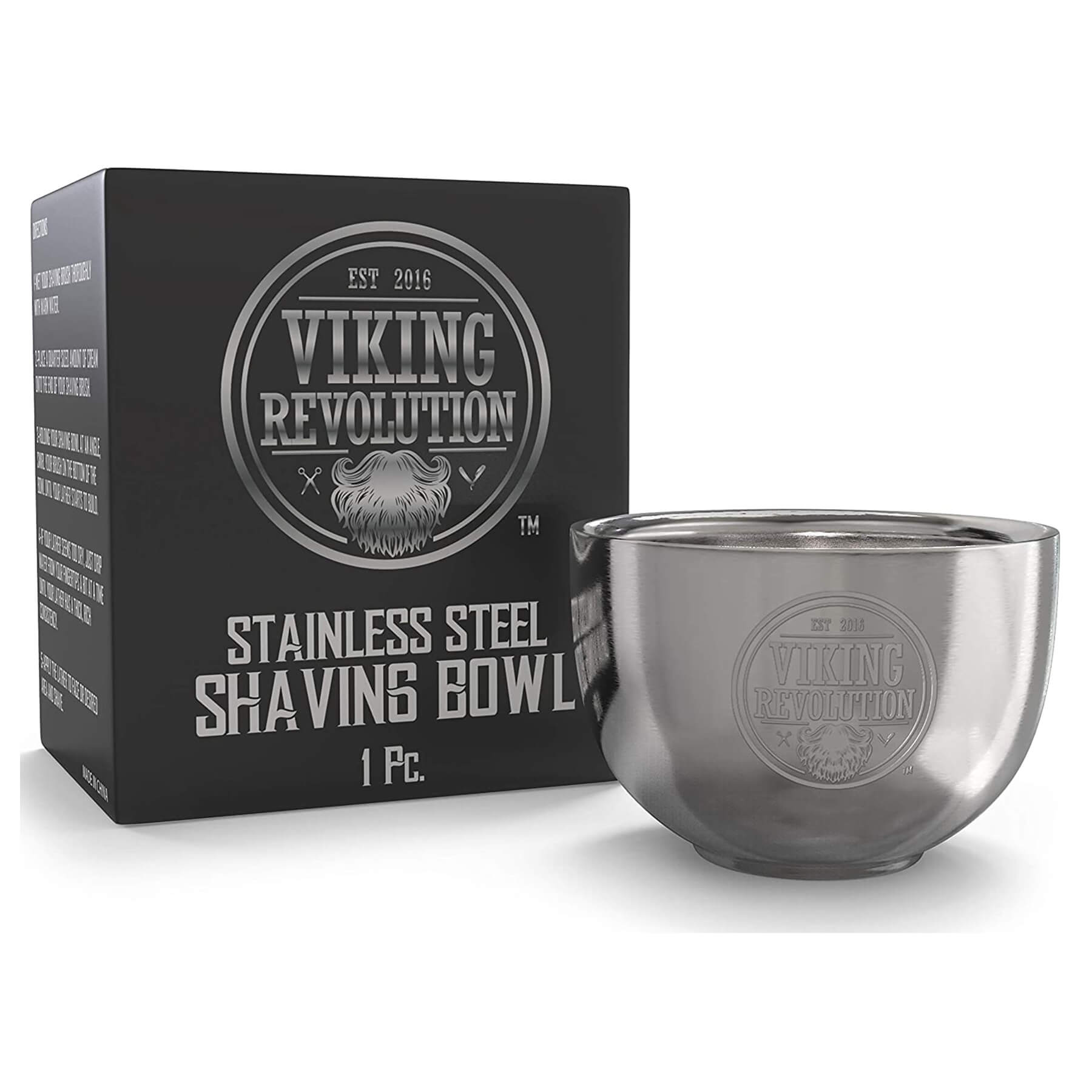 Stainless Steel Shaving Soap Bowl and Badger Brush beside packaging box.