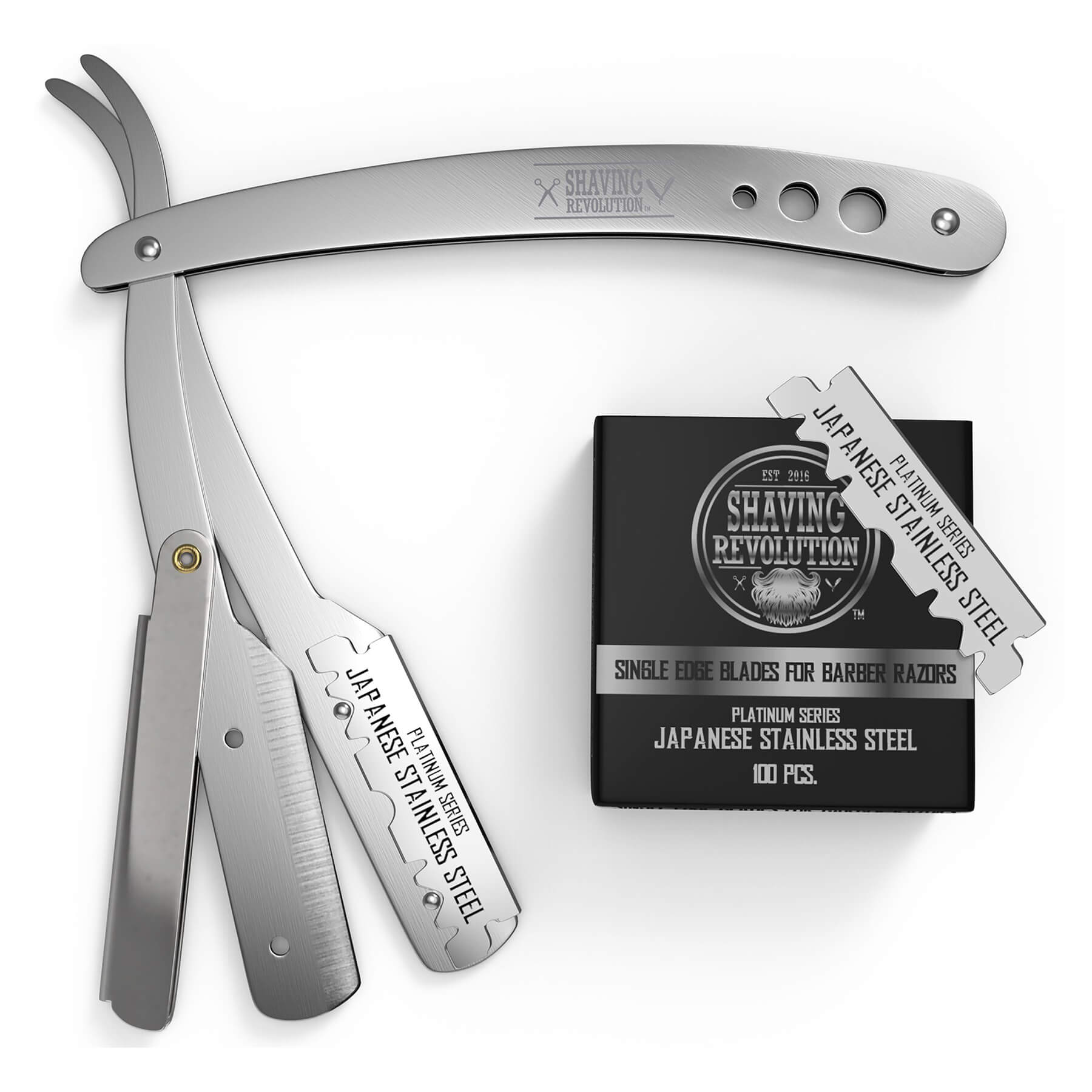 The Straight Edge Barber Razor, accompanied by 100 Japanese stainless steel single edge blades, essential grooming products, elegantly positioned next to a black box with text.