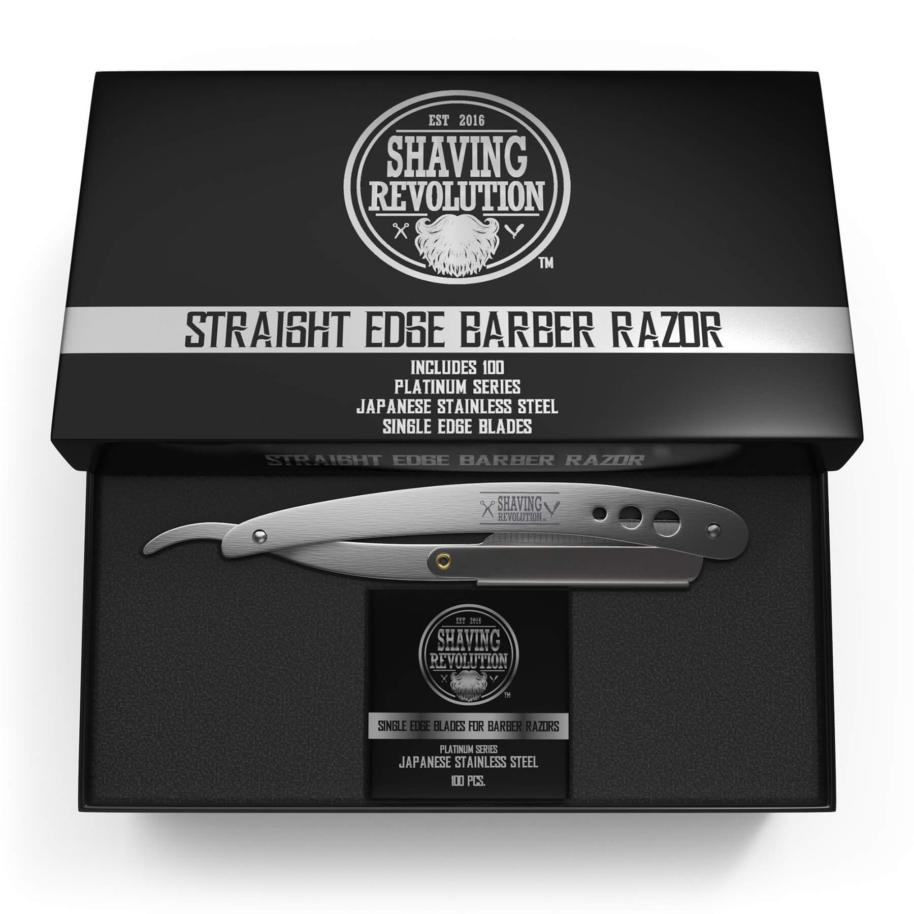 The open box reveals a Straight Edge Barber Razor from Shaving Revolution, showcasing 100 single edge blades—a must-have for any grooming products enthusiast.