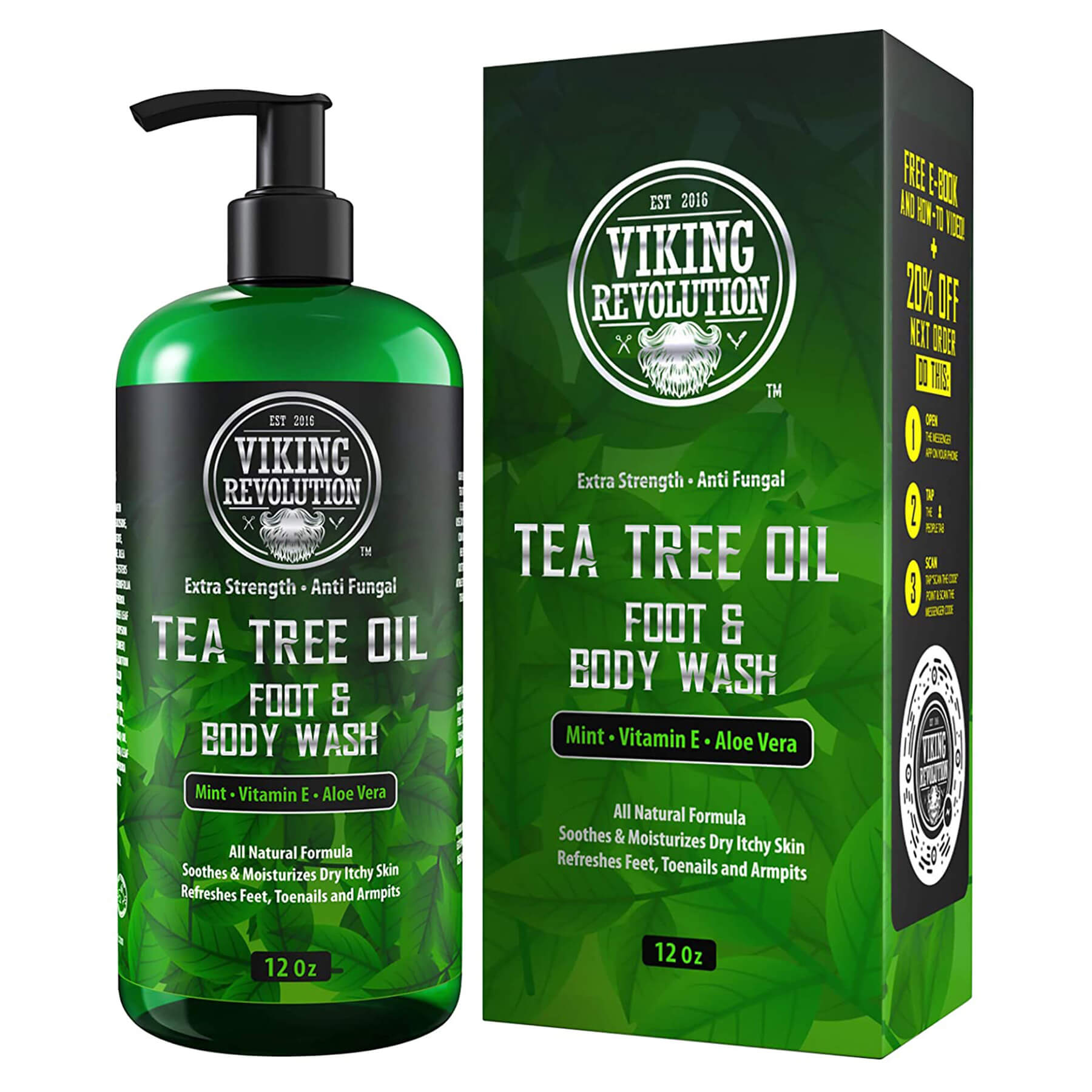 Green bottle and box of Tea Tree Oil Body Wash by Viking Revolution, a natural skin treatment perfect for those seeking an antifungal body wash.