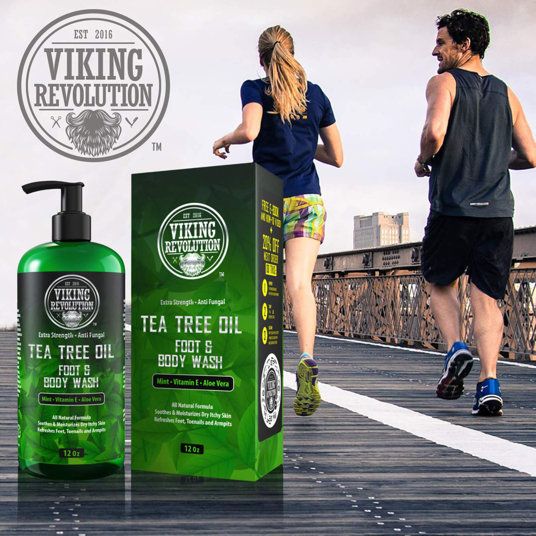 Two people jogging on a bridge pass by a Tea Tree Oil Body Wash display, intrigued by its reputation as an effective natural skin treatment.