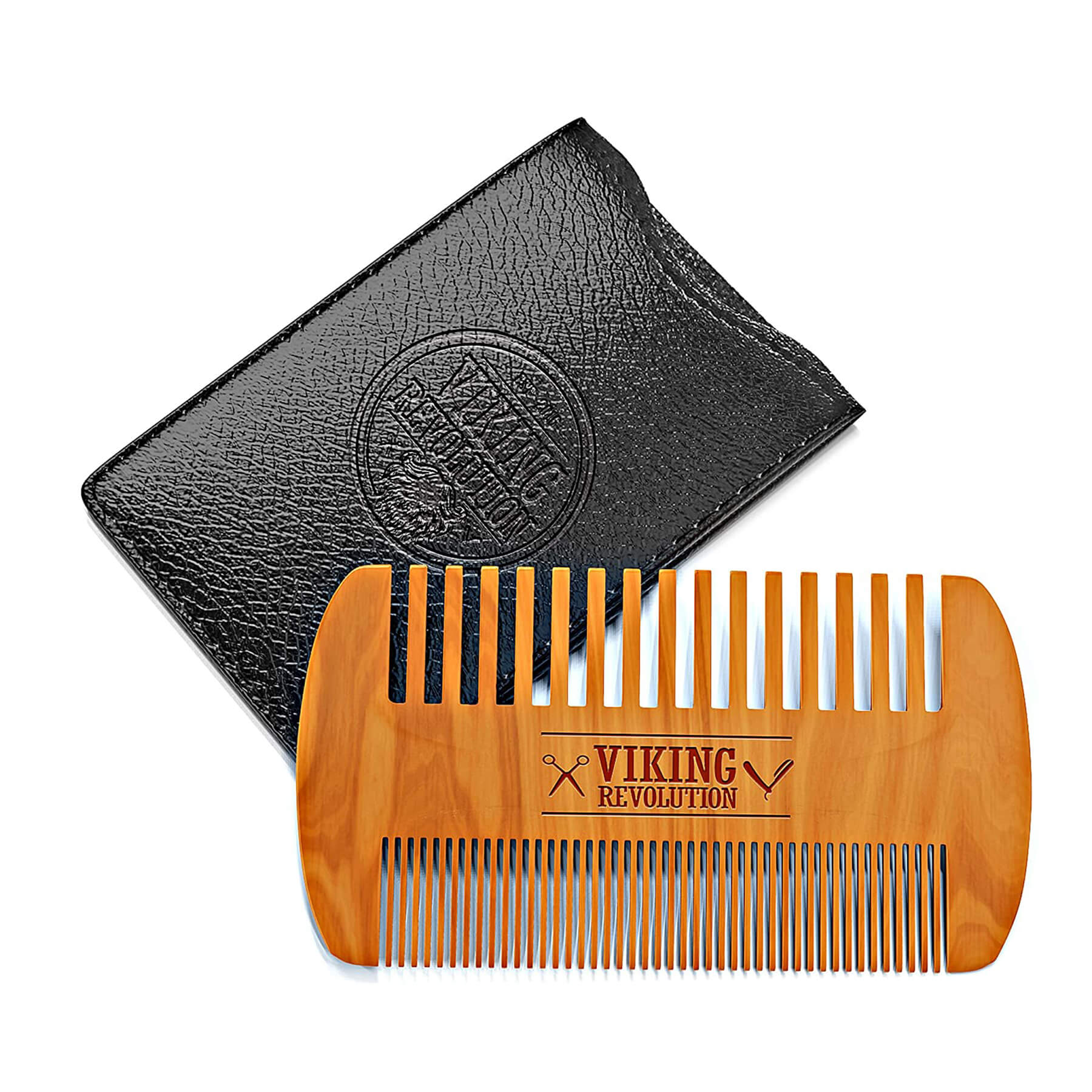 Wooden Beard Comb & Case: Perfect for grooming, featuring a Viking Revolution logo and black leather case.