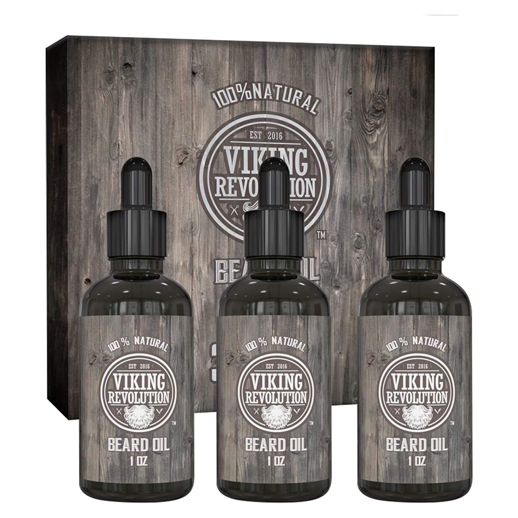 Three bottles of Unscented Beard Oil - 3 Pack, enriched with organic argan oil and organic jojoba oil for the ultimate beard conditioner, are displayed in front of a wooden box adorned with Viking Revolution's logo.